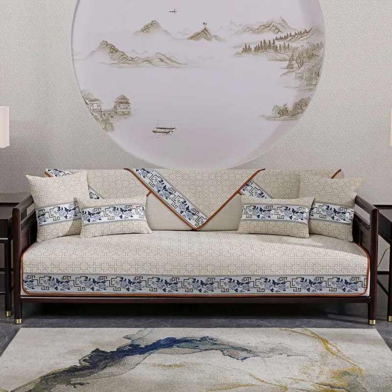 Chinese Style Sofa Cushion Cotton Four Seasons Universal Fabric Non-slip Simple Double-sided Embroidery Nordic Towel Cover