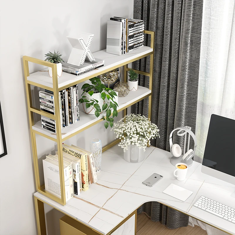 Esquina de mesa de ordenador de esquina de mármol de lujo, luz nórdica, forma de L