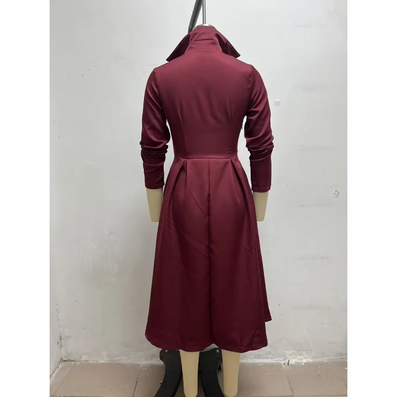 Elegantes Damen-Midikleid mit Hemdkragen, langen Ärmeln, V-Ausschnitt, Knopfleiste vorne, A-Linien-Schnitt, ausgestellter Rock und Taschen – ideal für Büro, Party oder formelle Anlässe. – Detail 8