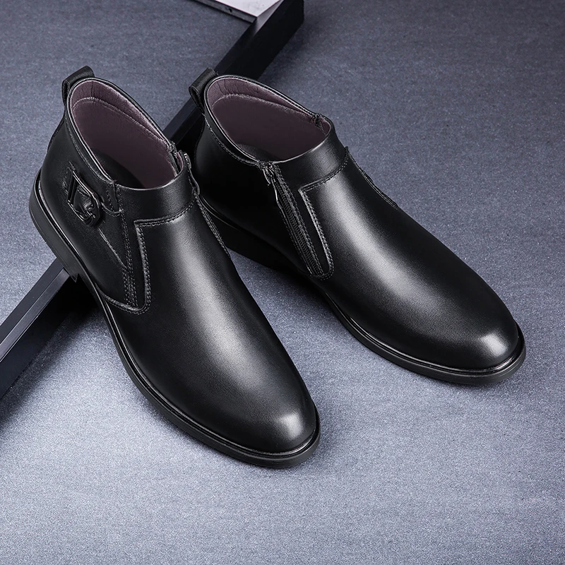 2024 marca clássica de inverno botas de tornozelo masculino quente design de pelúcia sapatos casuais de couro genuíno solas de massagem sapatos de negócios