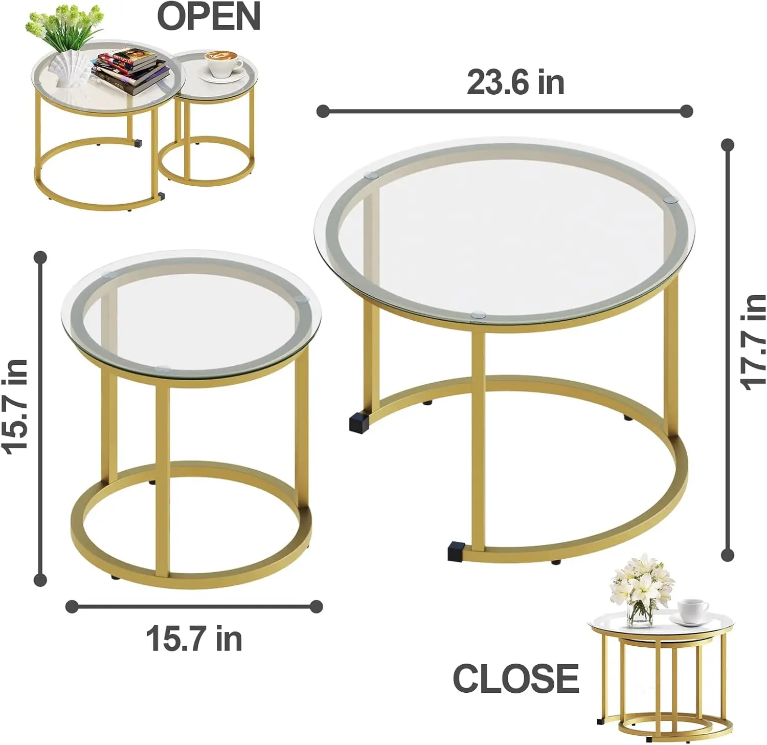 Small Glass Round Nesting Tables for Living Room Bedroom, Accent Tea Table with Metal Frame Modern Industrial Simple