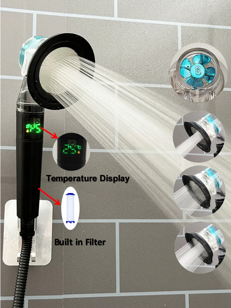 

Temperature Display Fan Turbo Propeller Shower Head Filtered High Pressure Water Saving Bathroom Shower Head Bath Accessories