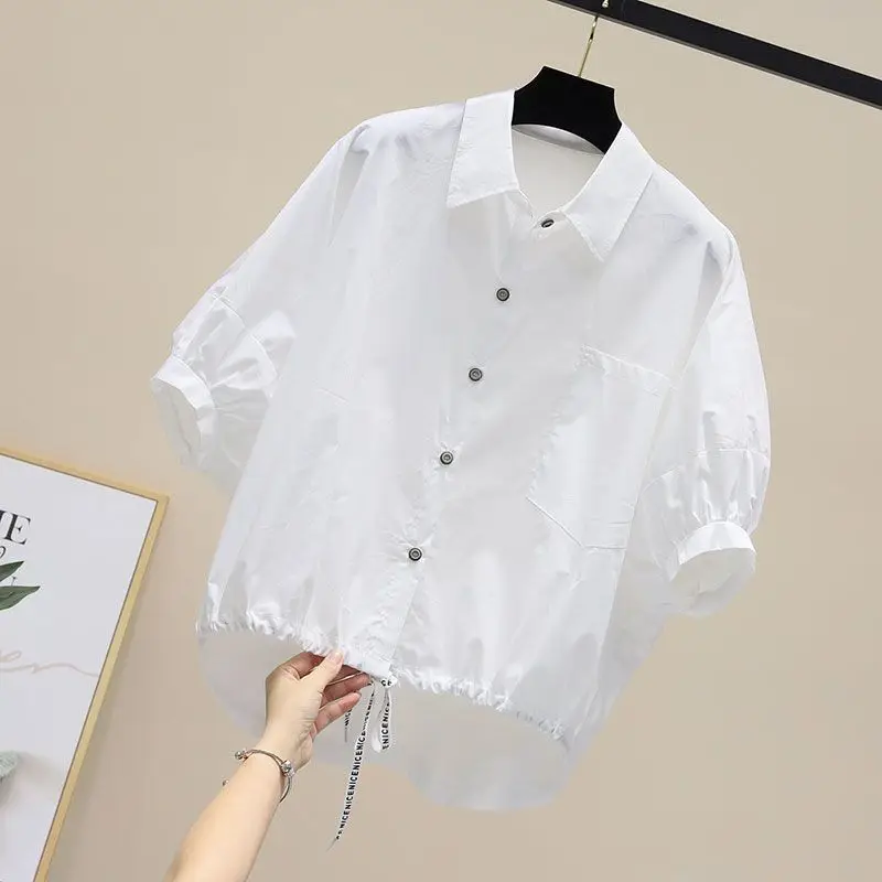 Streetwear Solid Color Stylish Shirring Blouse Casual Batwing Sleeve Summer Loose Lapel Female Pockets Single-breasted Shirt New