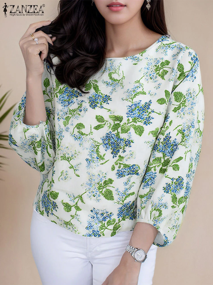

ZANZEA женская летняя блузка с принтом, винтажная туника с рукавами 3/4, 2025, богемная пляжная блузка, пуловеры с рукавами-фонариками большого размера