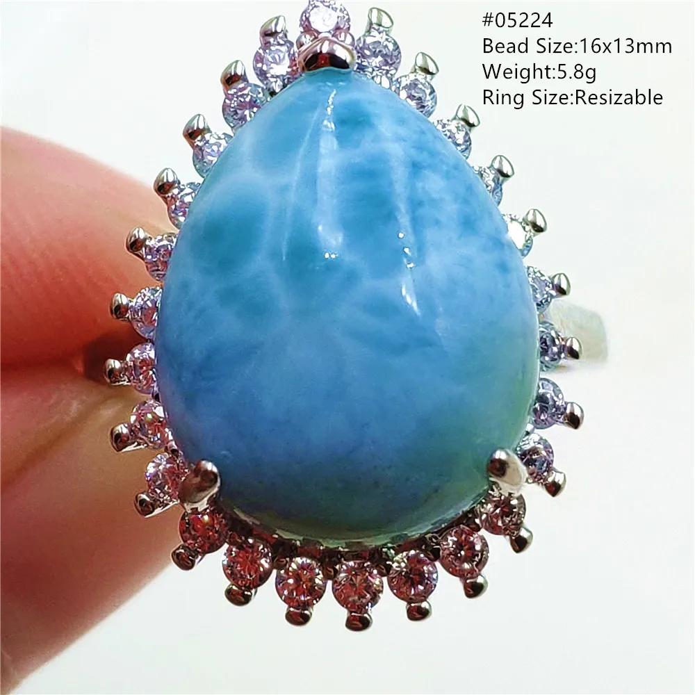 Natural Blue Larimar Adjustable Ring 925 Sterling Silver Larimar Gemstone Women Men Water Pattern AAAAA