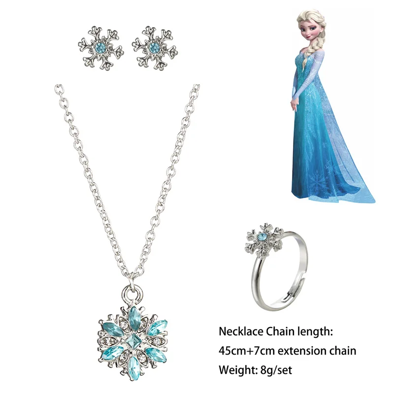 Disney Frozen Necklace Earrings Ring Set Cartoon Prince Elsa Anna Snow White Jasmine Cinderella Party Jewelry Gift 4pc