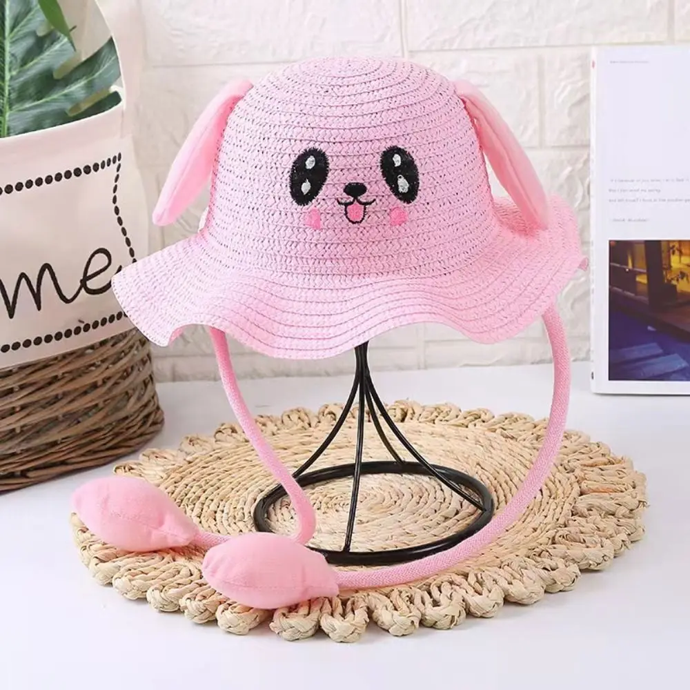 Sunscreen Rabbit Ear Sunshade Straw Hat Ear Moving UPF50+ Bunny Sunshade Hat Costume Accessories Solid Color Children Straw Hat