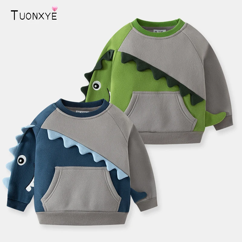 TUONXYE Boys Long Sleeve Plus Velvet Sweatshirts Cartoon 3D Dinosaur Color Contrast Pocket Soft Cotton Children's Top Clothes