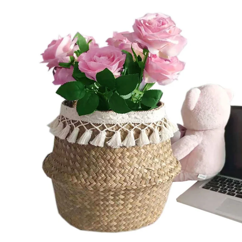 Straw Weaving Flower Plant Pot Basket Seaweed Wicker Basket Indoor Outdoor Flower Pot Plant Containers Dirty Clothes Basket