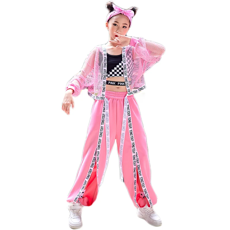 New Jazz Dance Clothes For Girls Fluorescent Green Net Tops Pants Kids Hip Hop Costume Concert Performance Wear Pink Suit BL9245