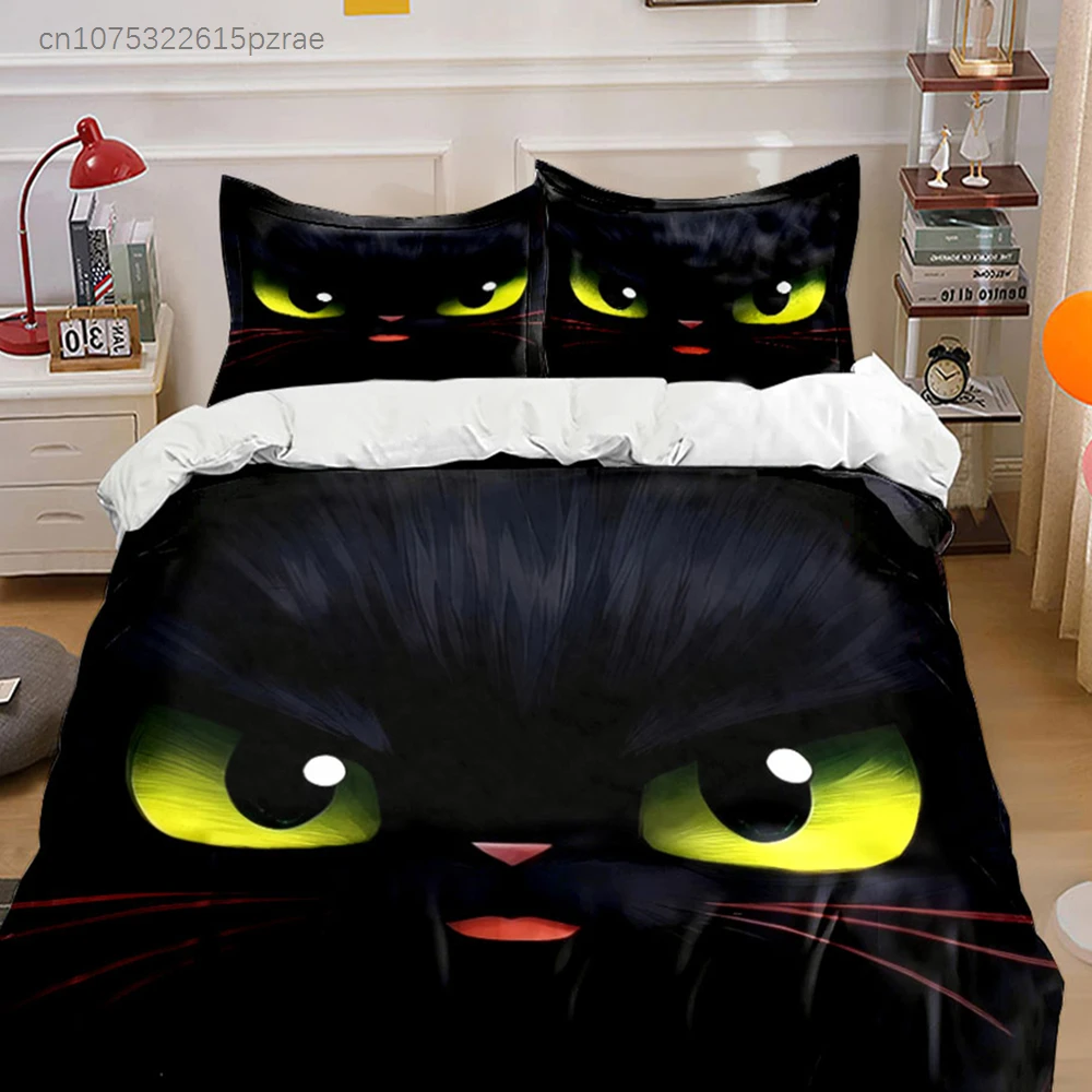 Black Cat Design Three-Piece Set Multiple Sizes kid's And adults' Bedroom Exquisite 3PC Bedding set, Gift