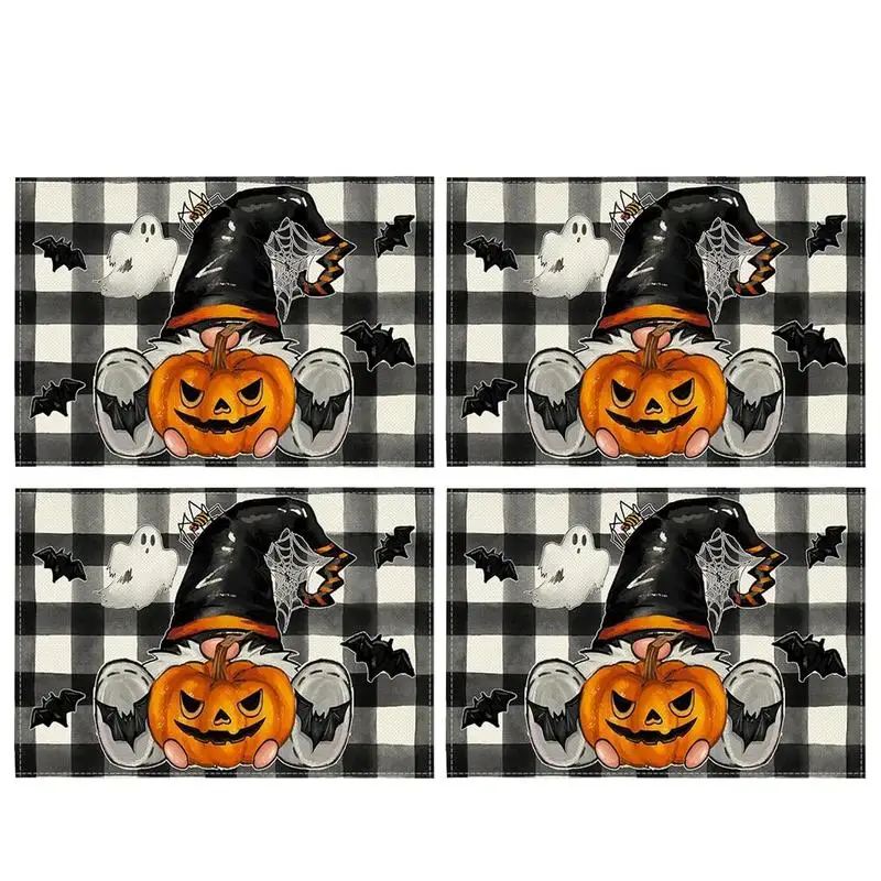 Halloween Placemats 4PCS Spider Web Ghost Bat Pumpkin Spooky Table Mats Reusable Non-slip Insulation Mat 45x30cm Farmhouse