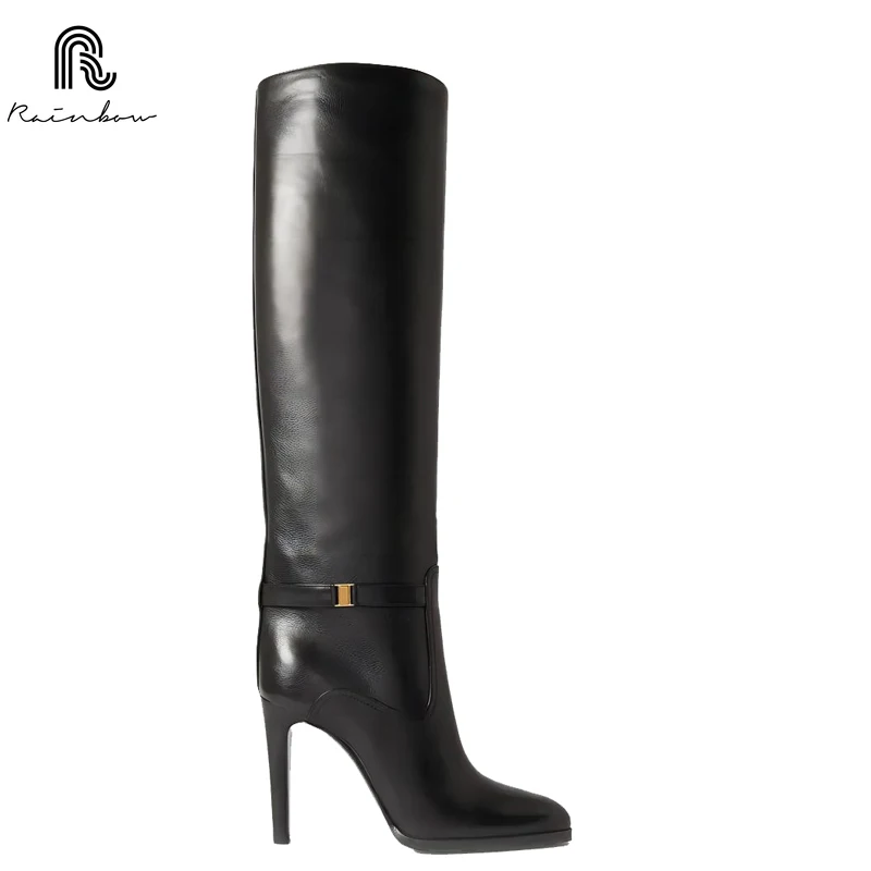 RAINBOW 33-46 Autumn Winter Cowhide Knee-High Long High Boots Stiletto Heels Slip-On Slim Retro Sexy Women Luxury Lady suede