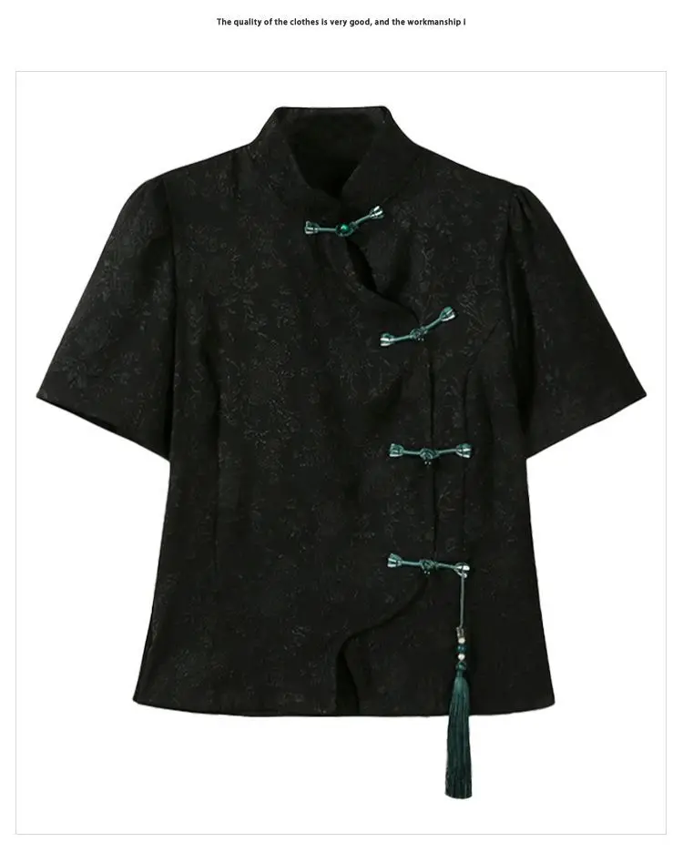

New Chinese Style Retro Button Down Shirt for Women Spring and Autumn with Bubble Sleeves Short Top