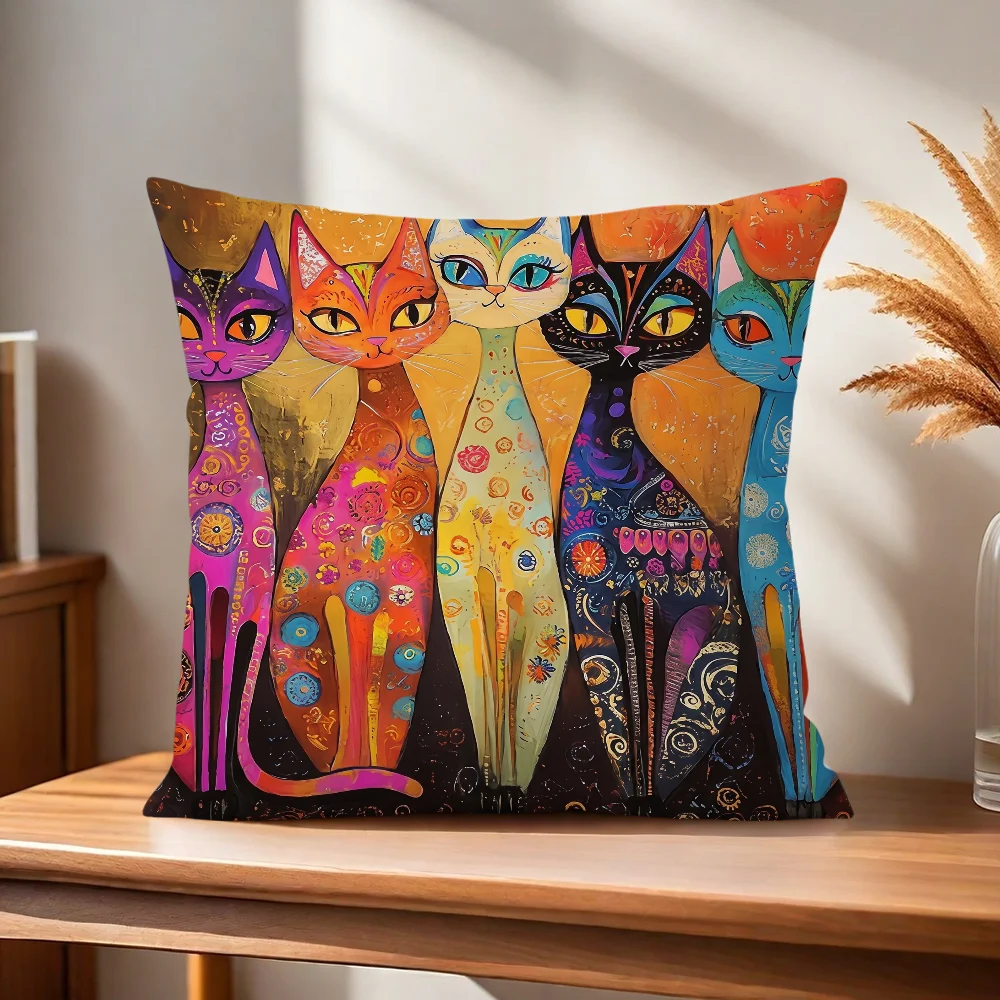 Bunter Katzen-Kunst-Kissenbezug für Zuhause, Sofa, Wohnzimmer, Büro, Café, Auto – Detail 4