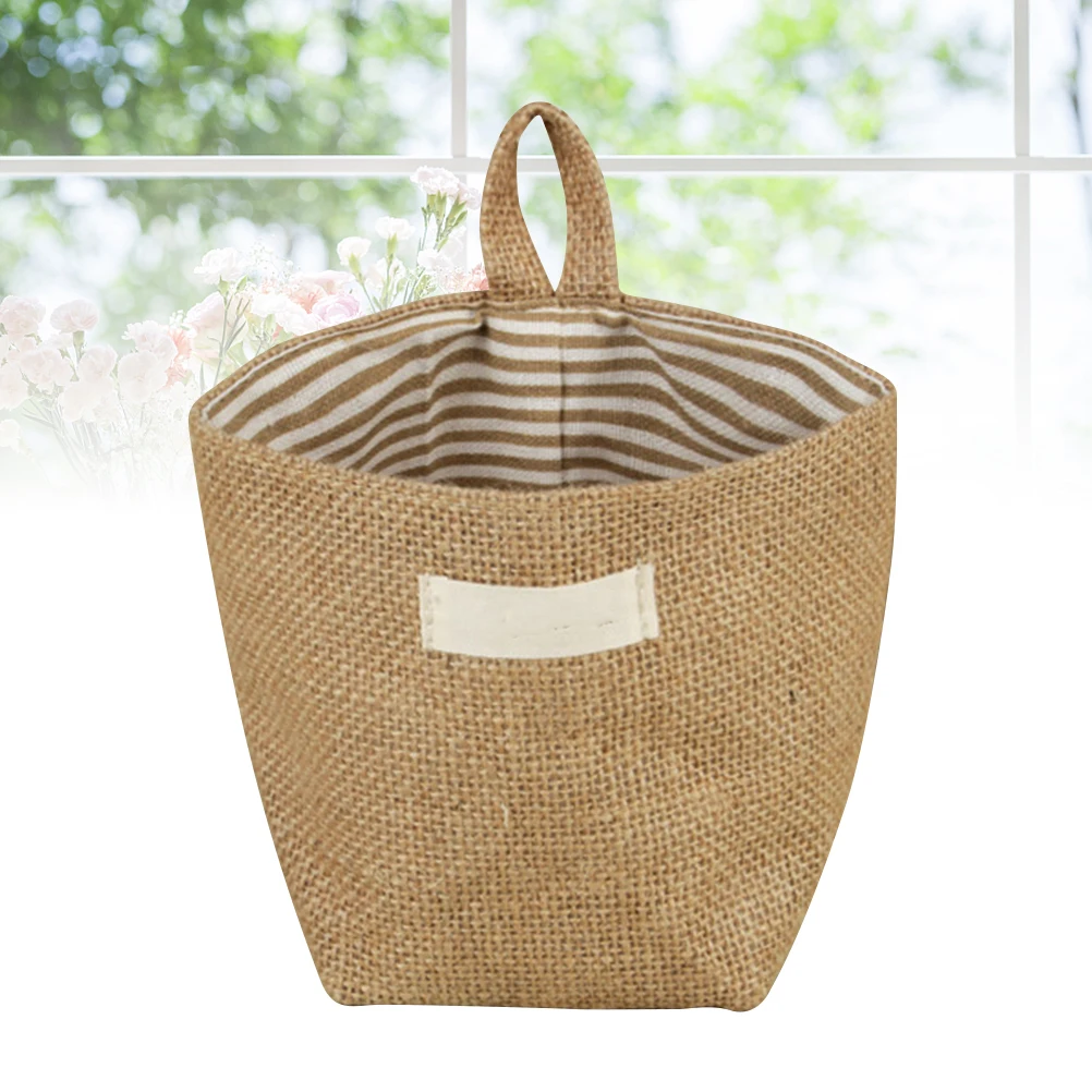 

Hanging Storage Bag Natural Jute Cotton Fabric Flower Pot Small Yellow Stripe Hanging Jute Storage Basket for Home Desktop