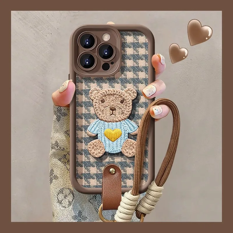 

Works with iphone15 plaid bear Lange works with iphone13PROMAX case iphone14 Lambskin iphone12 silicone iphone11