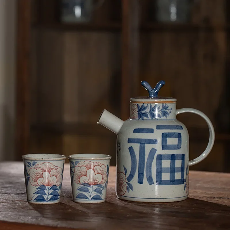 

Jingdezhen-Blue and White Ceramic Cool Kettle Chinese Style Retro Kung Fu Tea Set Teapot Household Kettle Kitchenware Gift