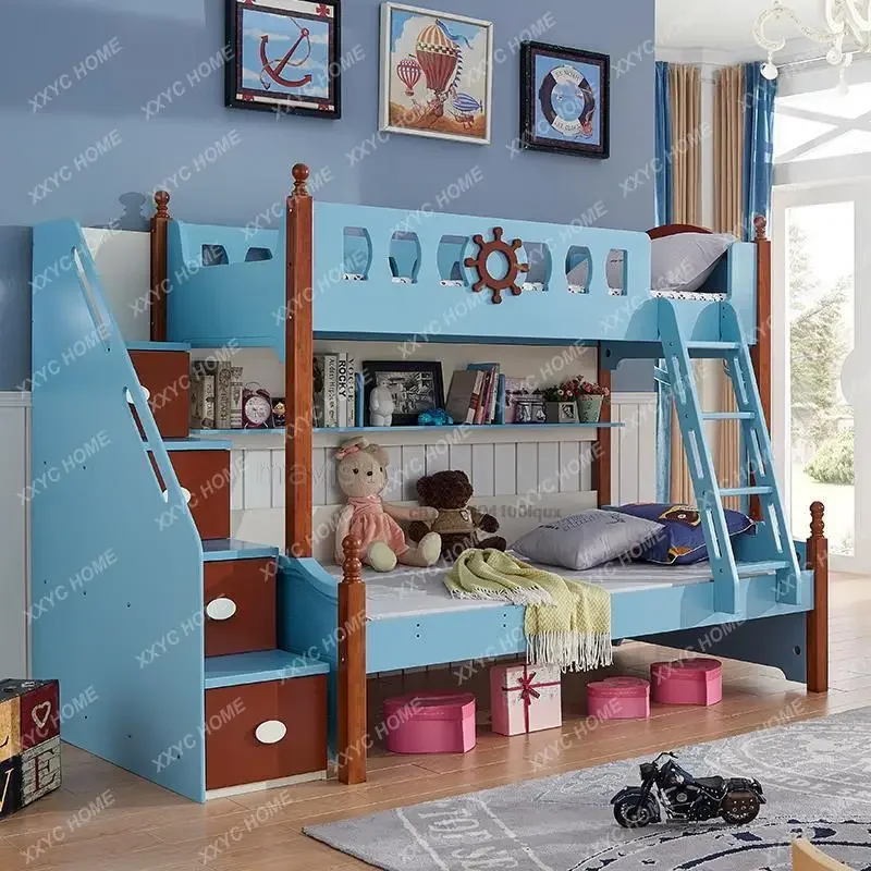 Nordic Style Modern Small Apartment Home Children\'s Two-Layer Bed With Drawers Convertible Combination Kid’s Wood Bunk Bed Boys