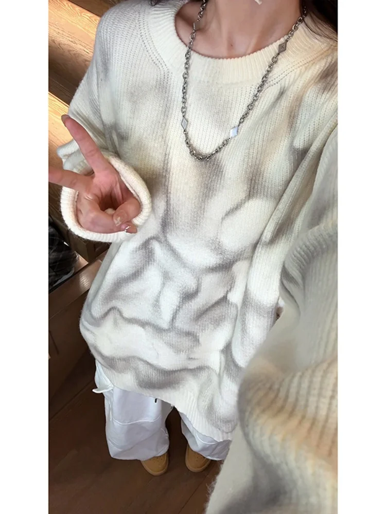 

Loose Fit Men's round Ne Knitted Sweater Dyed Tie Dye American Retro Sle Casual Long Sve Inner Wear Base Layer Top