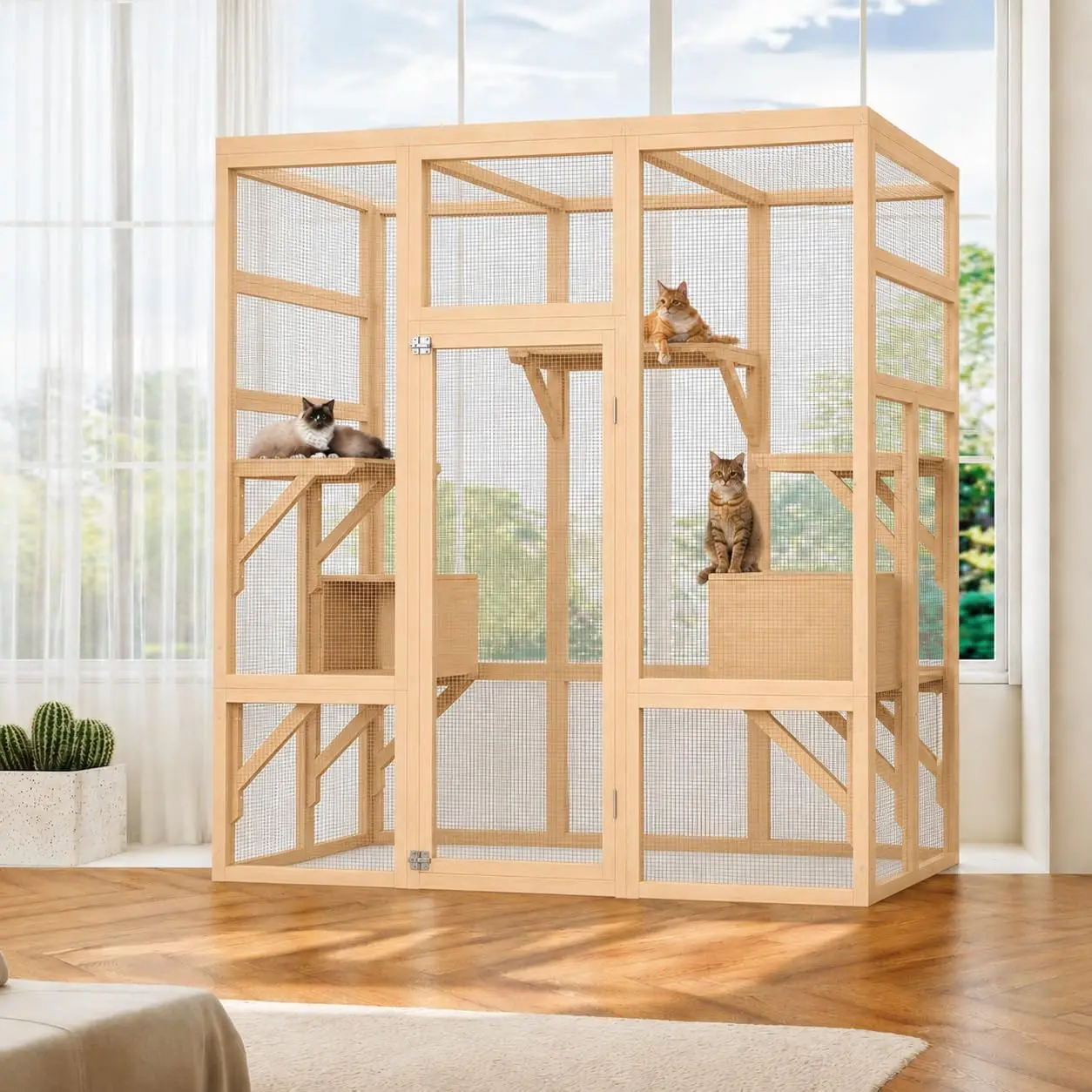 Walk-in Catio Outdoor Cat Enclosure, Large Cat House with UV-Resistant Roof, Large Wooden Cat House with Multi Wooden Platforms & 2 Napping Houses for Indoor Outdoor, 178x160x82cm