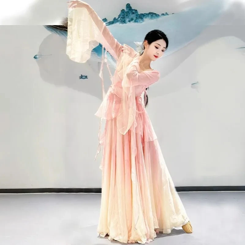 Chinese Classical Dance Costume Women Gradient Sheer Flowy Traditional Performance Outfit Stage Show Training Set Adults Girls
