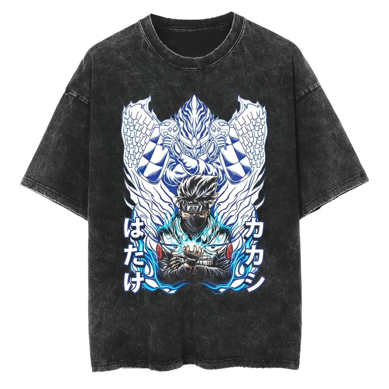 Kakashi Hatake T Shirt Naruto Men Acid Wash Blue Susanoo Anime Graphic Cotton Streetwear Manga Chidori Ninja Vintage Tee