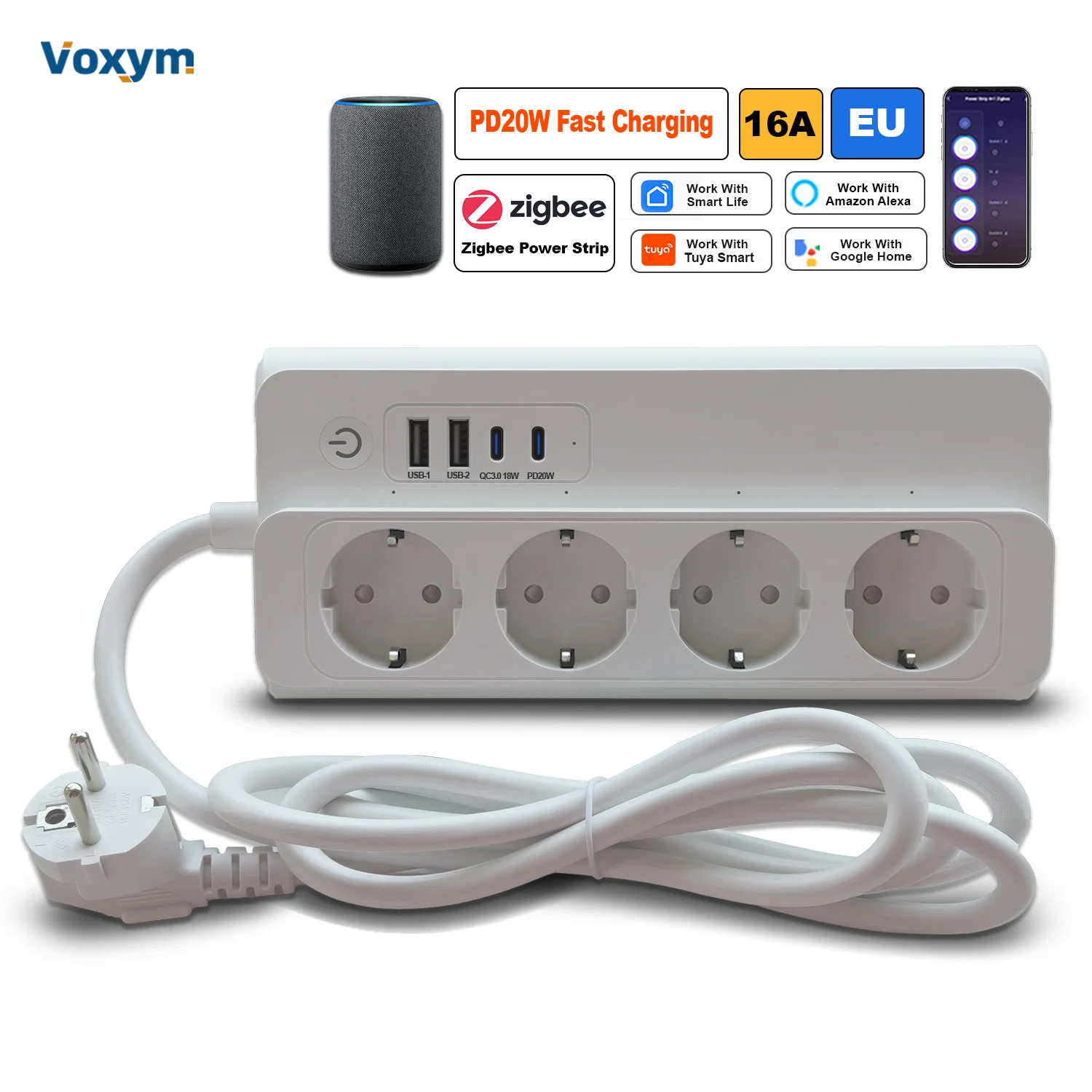 Voxym Zigbee multiprise intelligente prise ue/KR/RU 16A PD20W Charge rapide Tuya application intelligente minuterie de commande vocale fonctionne avec Alexa/Google