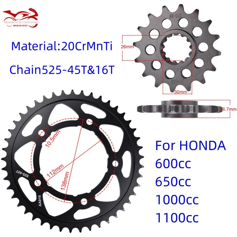 Chain 525 16T 42/45T Sprocket For Honda CBF600 ABS CBR600 CBR900 RR CMX 1100 CB 600 CB 650 CBR 650 XL 1100 Rebel DTC 45/42 Teeth