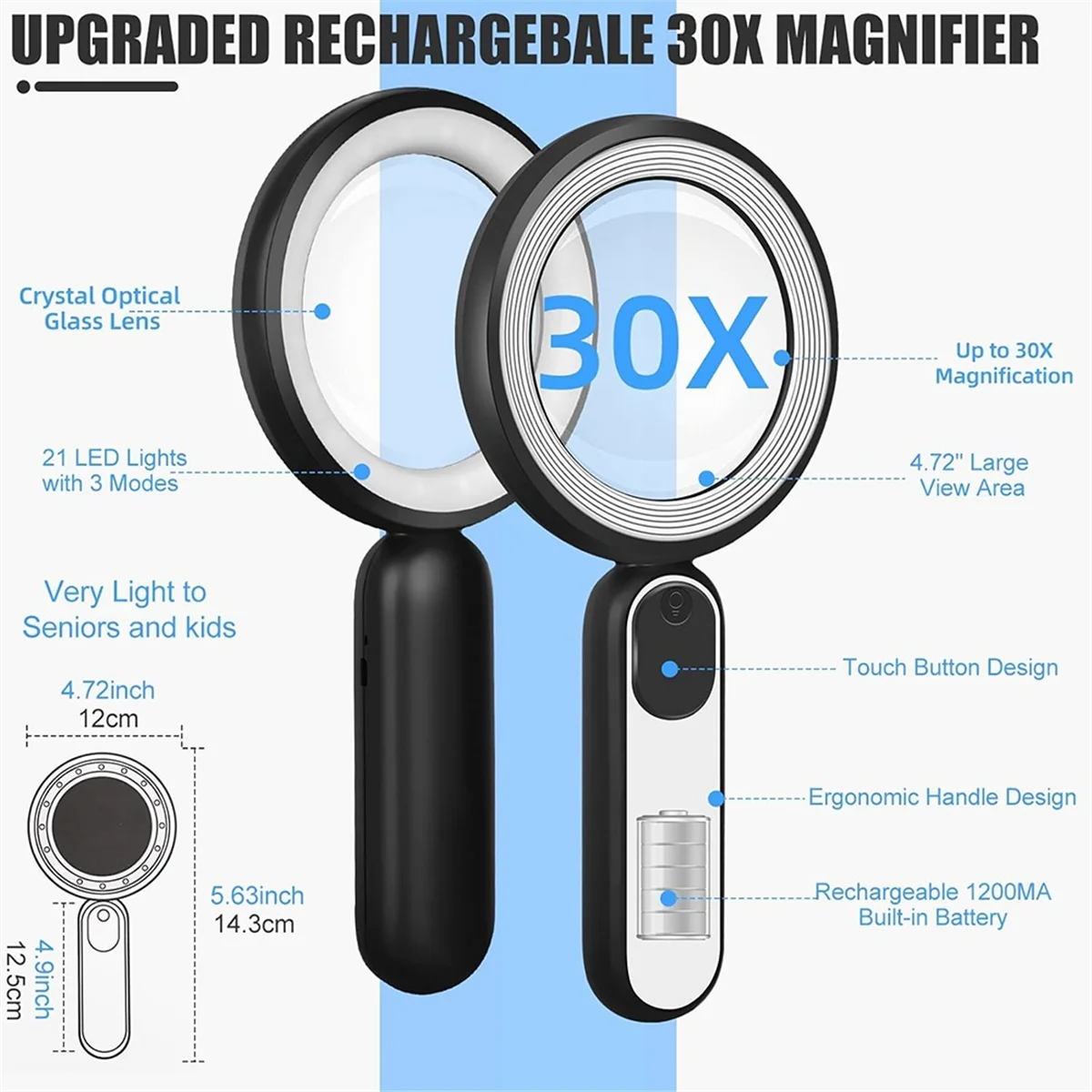 Rechargeable Magnifier with Light, Handheld Luminous Magnifier 21 LED 3 Modes Lighting Book Magnifier-ABFB
