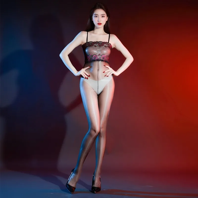 

Oil Shiny Crotchless Body Stockings Women Sexy Adjustable Suspenders Jumpsuit Lace Nylon See Through Lingerie Stretchy Nightwear