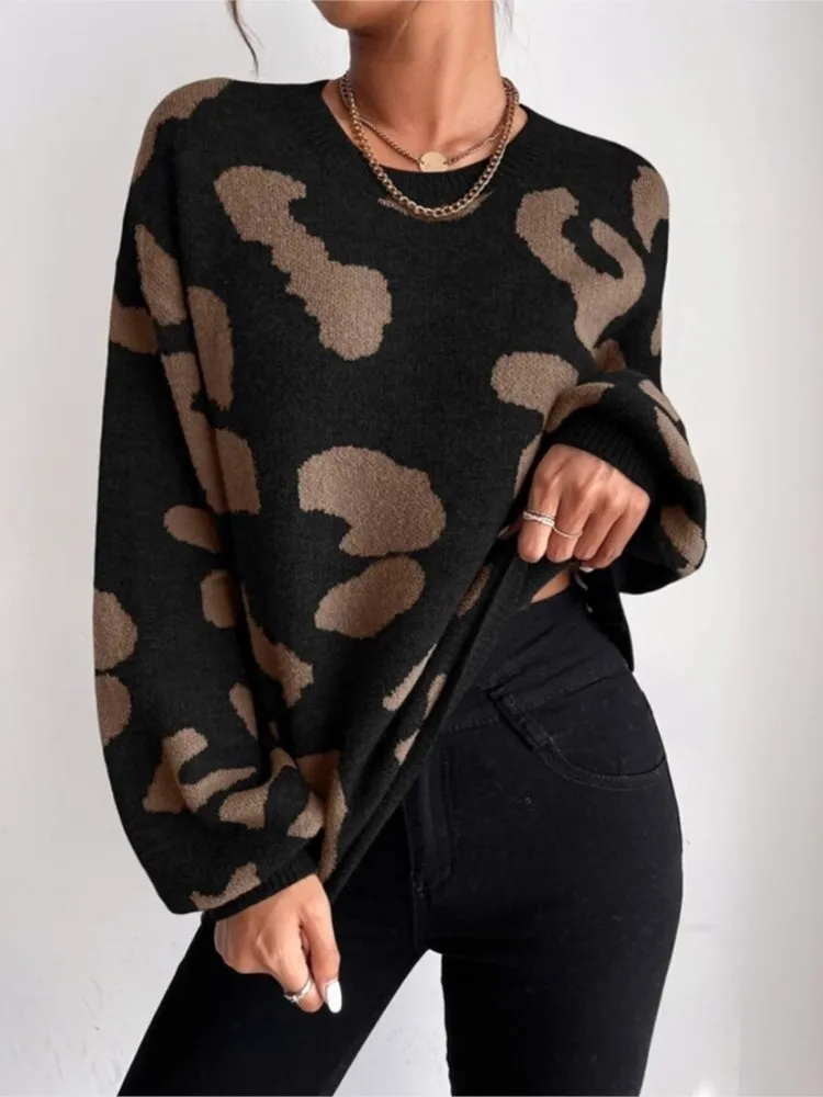 

Winter Clothes Woman Pulls Femmes Leopard Print Sweater Fashionable Pullover Round Neck Knitted Top All-match Loose Simple Style