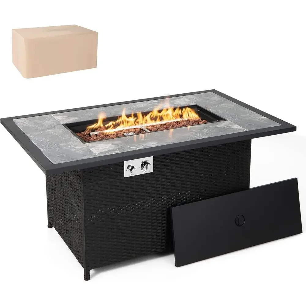 50,000 BTU Outdoor Propane Fire Pit Table with Auto-Ignition, Marble Top, Lava Rocks, Cover, and Lid