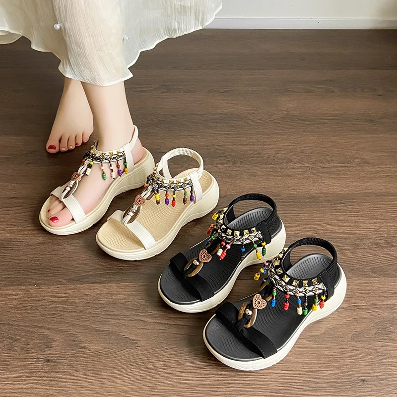 Women's Bohemian Wedge Mid Heels Sandals New Elastic Band Woman Beach Shoes Beaded Fringe Decoration Ladies Open Toe Sandals