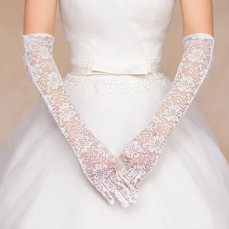 Women Bridal Gloves Elbow Length Full Finger Lace Wedding Accessories Prom Party Black