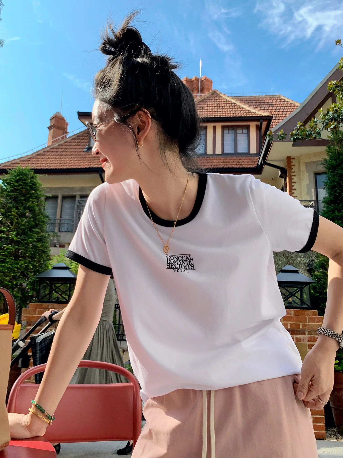 

Liberlin Sisy Color Blo T-irt Cotton ort Sve Printed Splice Slim Fit Korean Sle Summer New Arrival Women's Top