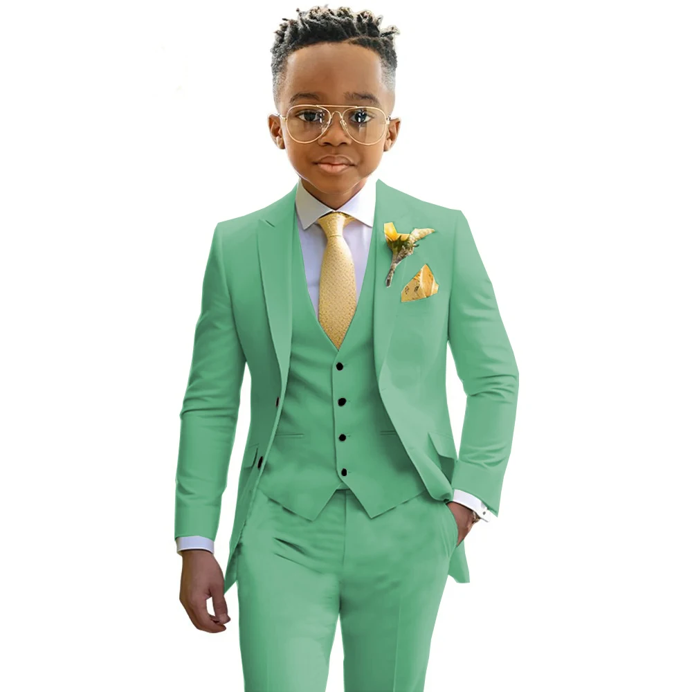 Mint Green Boys Suit Wedding Tuxedo 3 Piece Set Kids Jacket Pant Vest Slim Fit Casual Blazer Slim Fit Young Clothes Custom