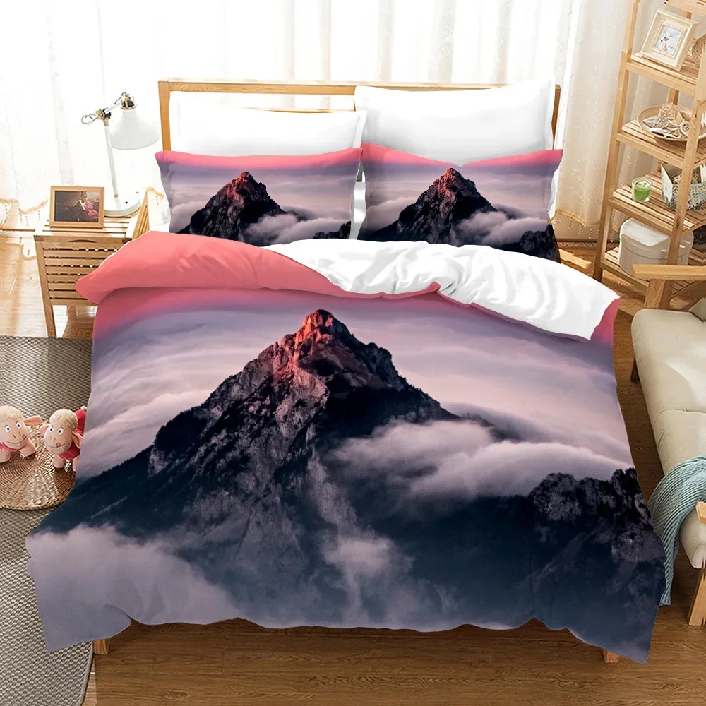 Berglandschap Dekbedovertrekset Kingsize/queensize, toren pieken in rook Natuurlijke landschapskunst Zacht 2/3 stuks polyester beddengoedset