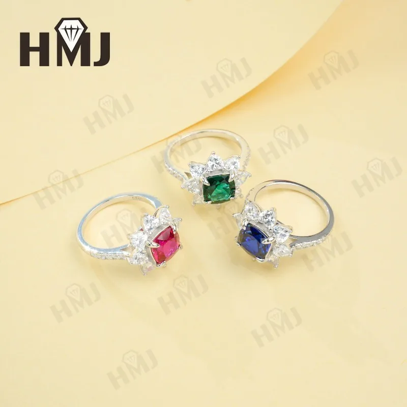 Lab Grown Gemstone Ring Cushion Cut Ruby Sapphire Colombian Inlay Moissanite 925 Silver Plated White Yellow Gold Party Favorite