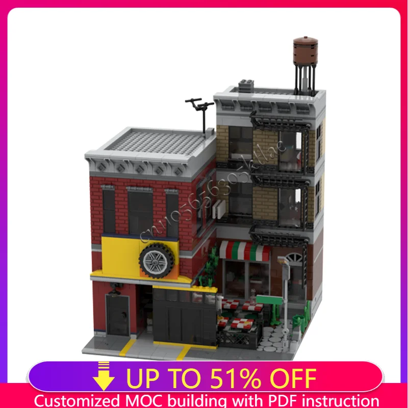 2170 PCS Tuning Workshop Pizza Shop Urban Street View Building Technology MOC Building Blocks Children's DIY Puzzle Set Toy Gift