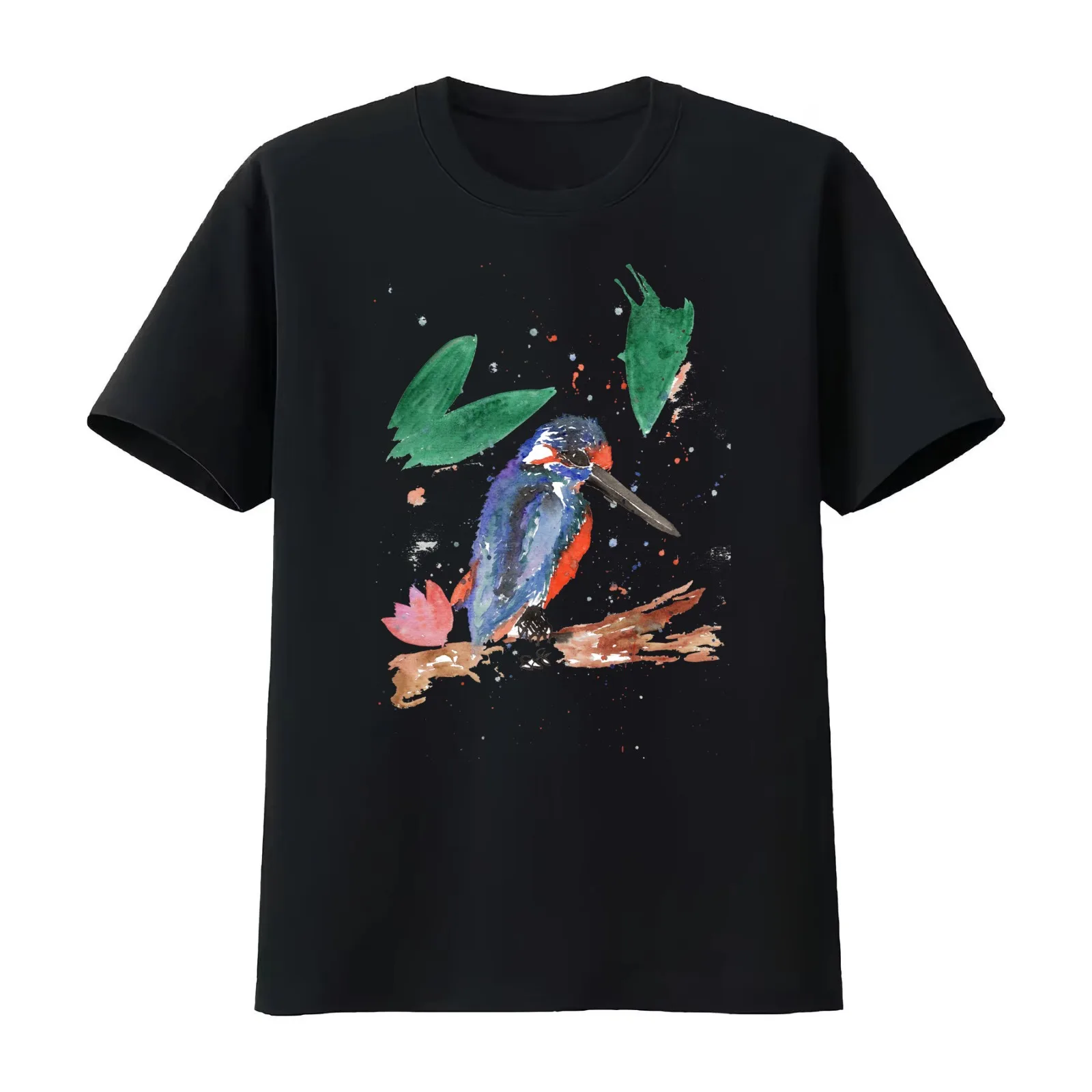 Abstract Watercolour Kingfisher Bird T-Shirt Summer Casual Cotton Tee Oversized Streetwear Tops Vintage Graphic Print