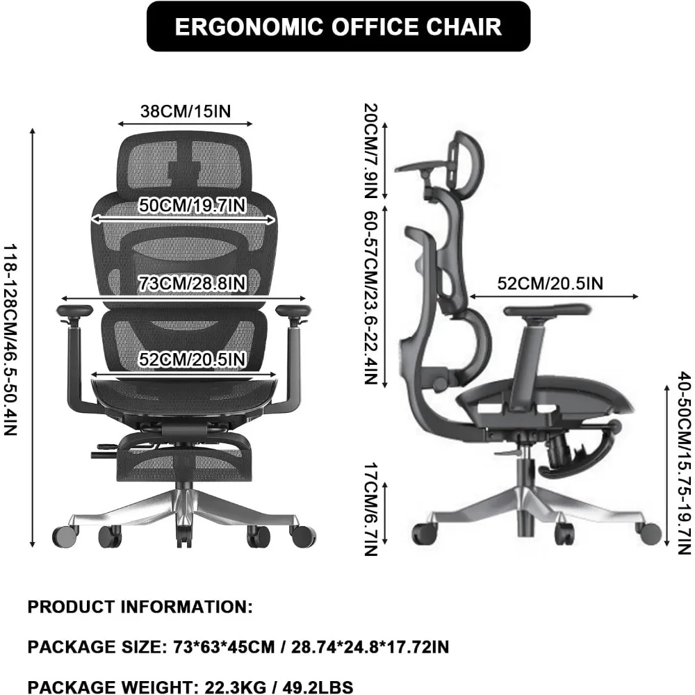 كرسي مكتب مريح، كرسي كمبيوتر شبكي عالي الظهر مع مسند رأس ثلاثي الأبعاد، دعم قطني قابل للتعديل، 145 °   الميل، مساند للذراعين ثلاثية الأبعاد، دوارة