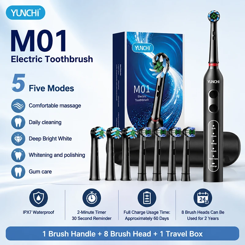 Yunchi M01 Electric Toothbrush 5 Modes 8 Brush Heads 2-Minute Timer Toothbrush Teeth Stain Removal Whitening Teeth Gift Lovers