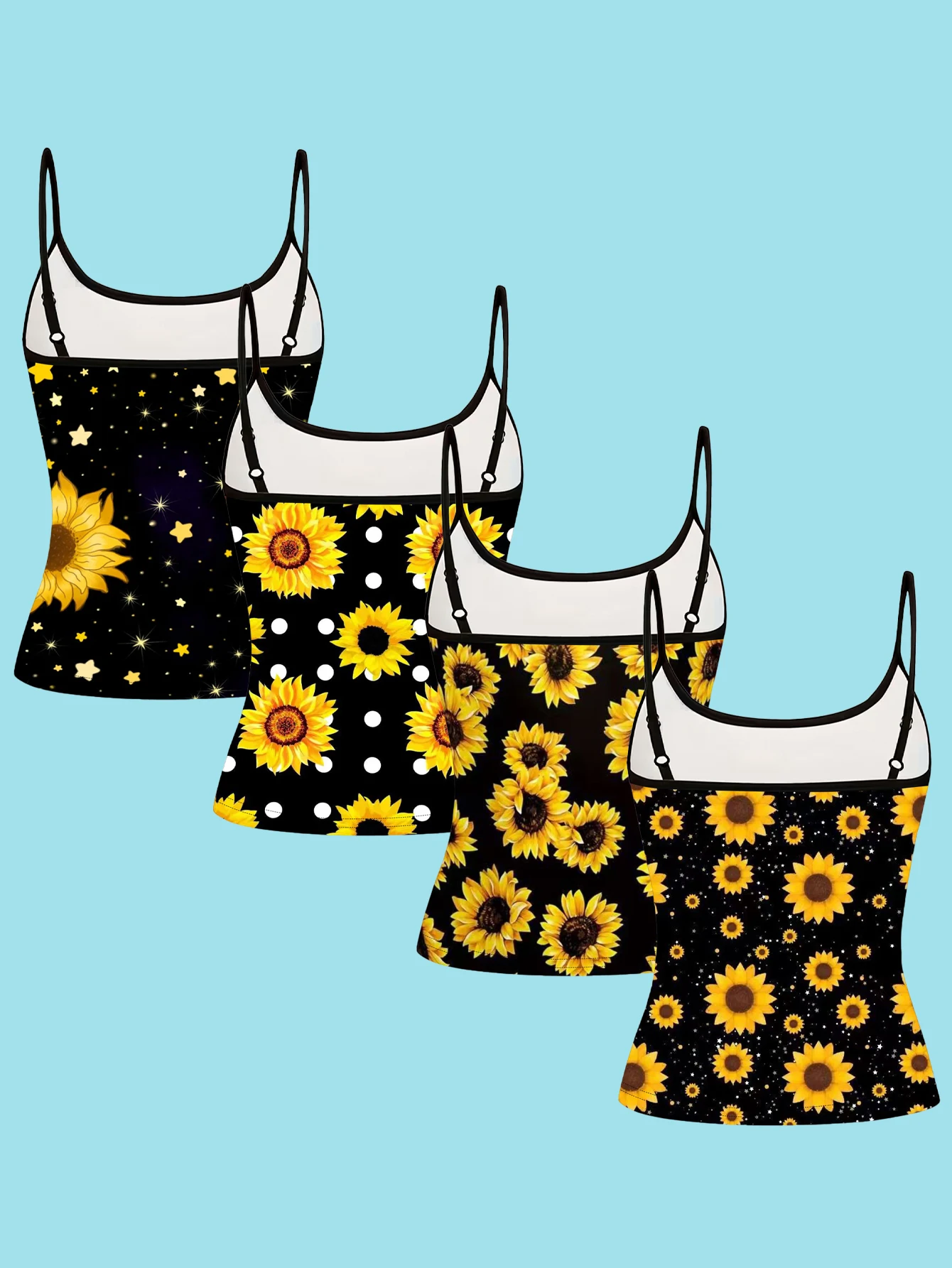 4-Piece Set of Women's Spaghetti Strap Camisoles, Fresh Sunflower Floral Print Slim-Fit Sleeveless Tops, Summer Casual Outerwear and Inner Layering Shirts