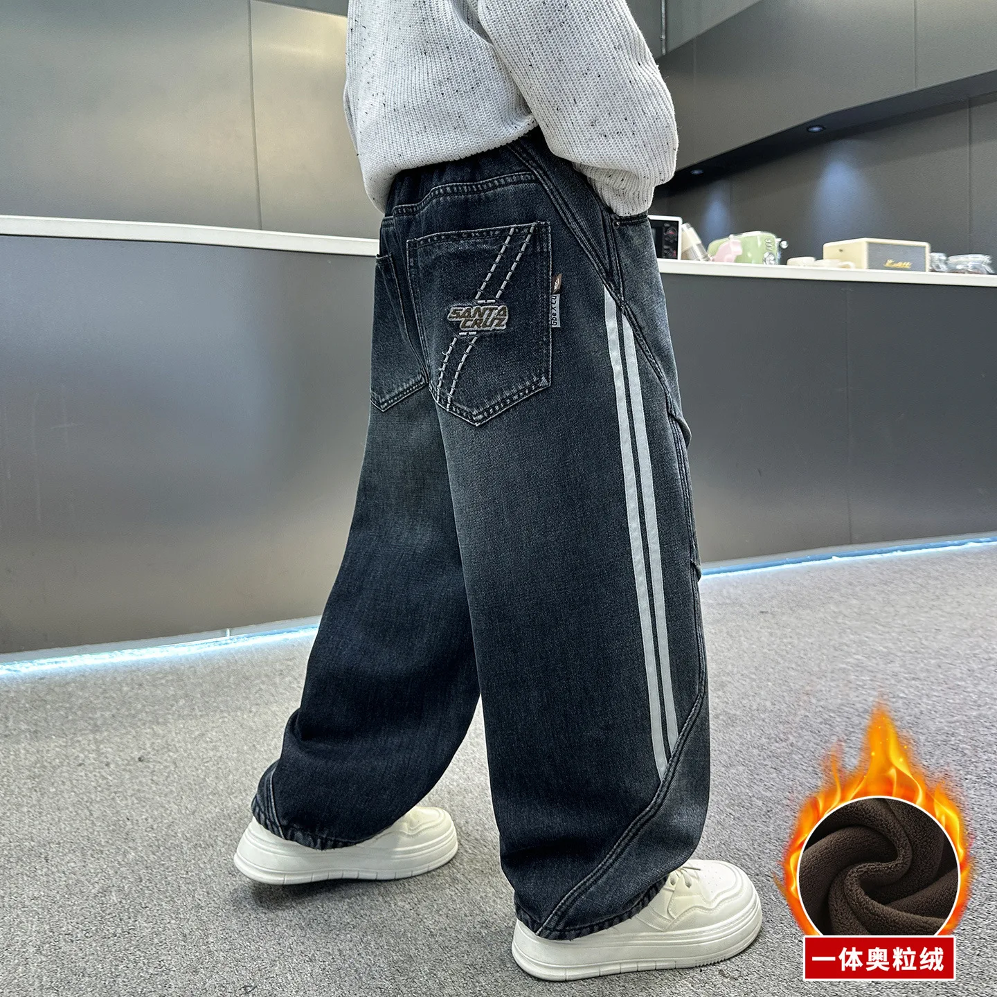 Boys Fleece Lined Jeans Side Stripe Autumn Winter Loose Soft Straight Leg Wide Denim Pants Warm Trousers for Teenage Children