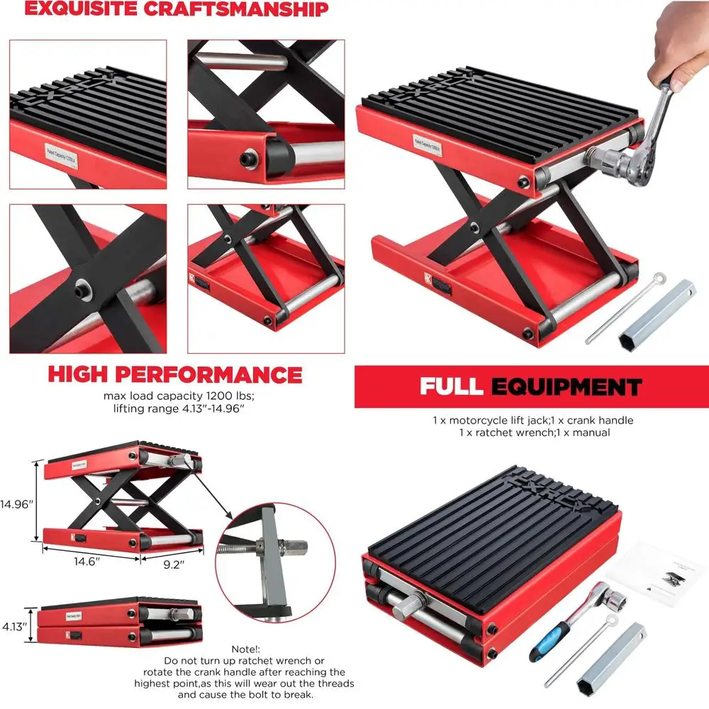 

Усовершенствованный ножничный домкрат грузоподъемностью 1200 фунтов для мотоциклов, кроссовых мотоциклов и квадроциклов с трещоточным ключом и рукояткой.
