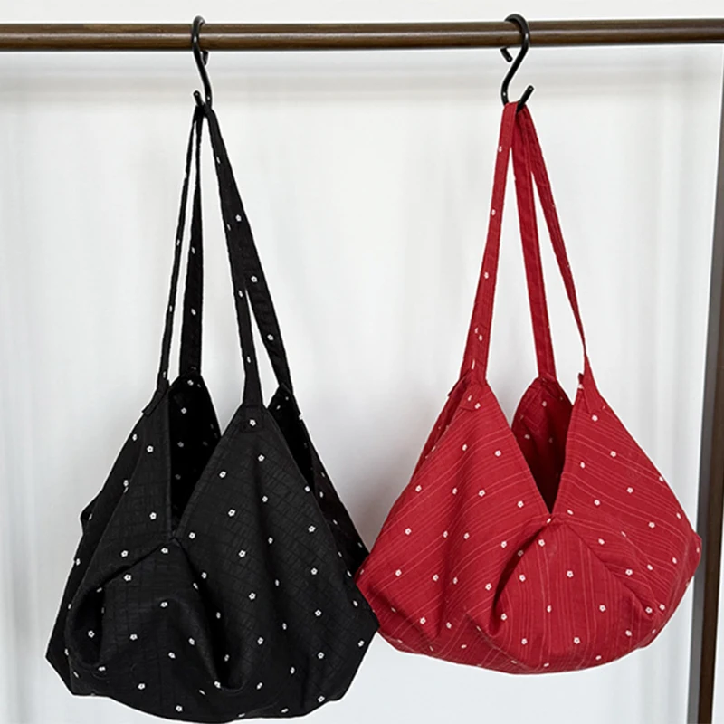 

Brand Trendy Floral Print Handbag Fresh Sweet Pleated Shoulder Bag Zipper Commuter Travel Tote Bag Striped Canvas Shopping Bag