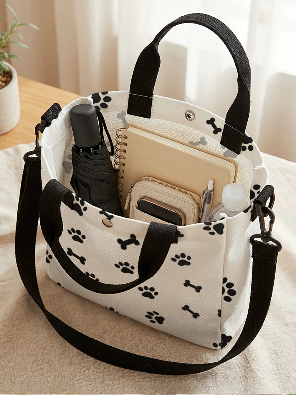 Black Paw Print Bone Pattern Tote Bag Detachable Strap Crossbody Handbag For Women Daily Shopping