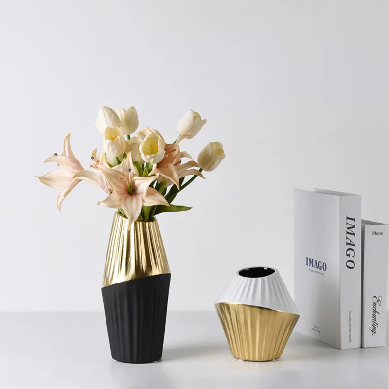 Home Decoration Nordic Simple Oblique Ceramic Vase Black White Gold Flower Arrangement Desktop Crafts Ornaments