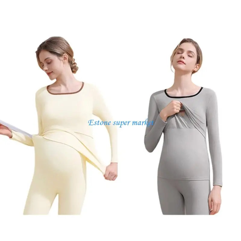 

090B Polyester Maternity Nursing Sleepwear Warm Loose Fit Pajamas Easy Nursing Access Easy to Use for Pregnancy & Postpartum